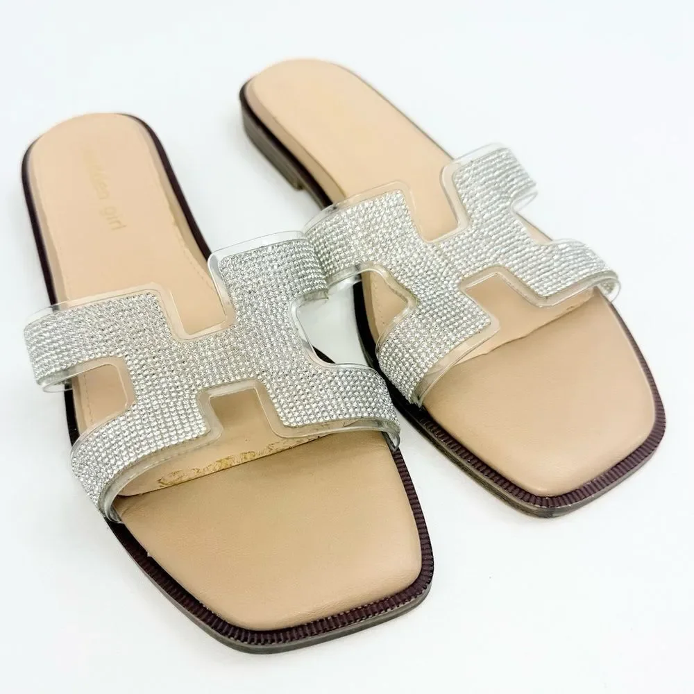 Madden Girl HAILEY Silver Rhinestone Sparkle H Strap Slip On Slide Sandals